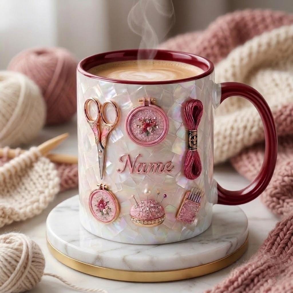 Knitting Mug 3D, Yarn Lover Coffee Cup, Faux 3D Effect Mug, Custom Name Knitter Gift