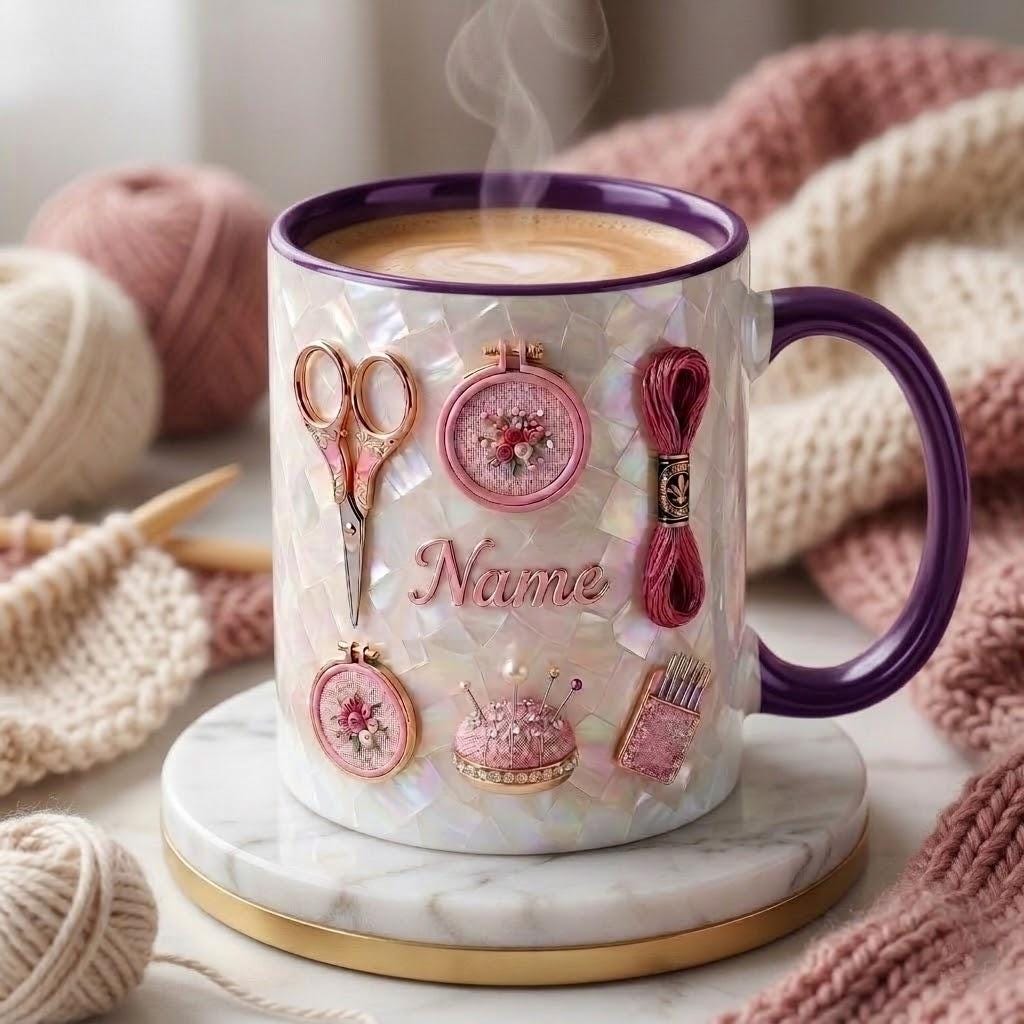 Knitting Mug 3D, Yarn Lover Coffee Cup, Faux 3D Effect Mug, Custom Name Knitter Gift