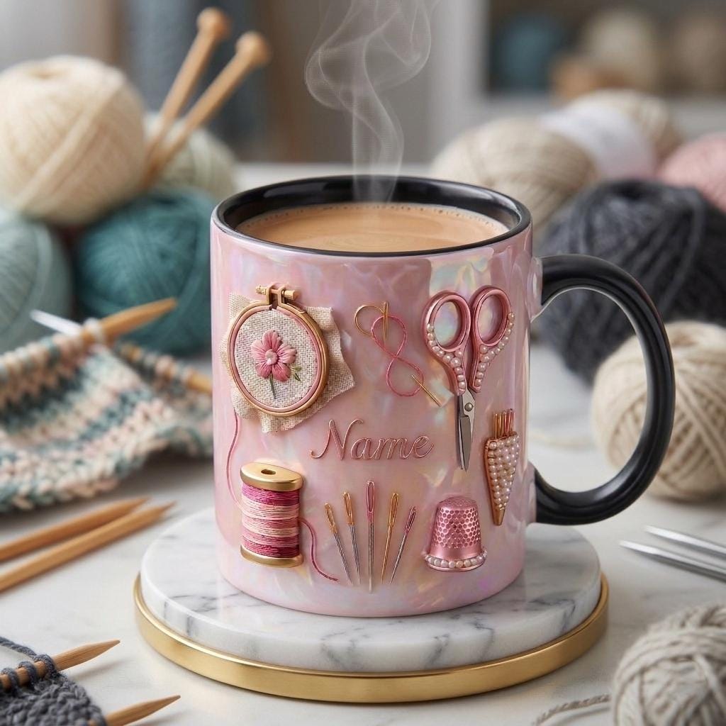 Knitting Mug 3D, Knitting Lover Coffee Mug, Personalized Craft Gift, Faux 3D Effect Mug