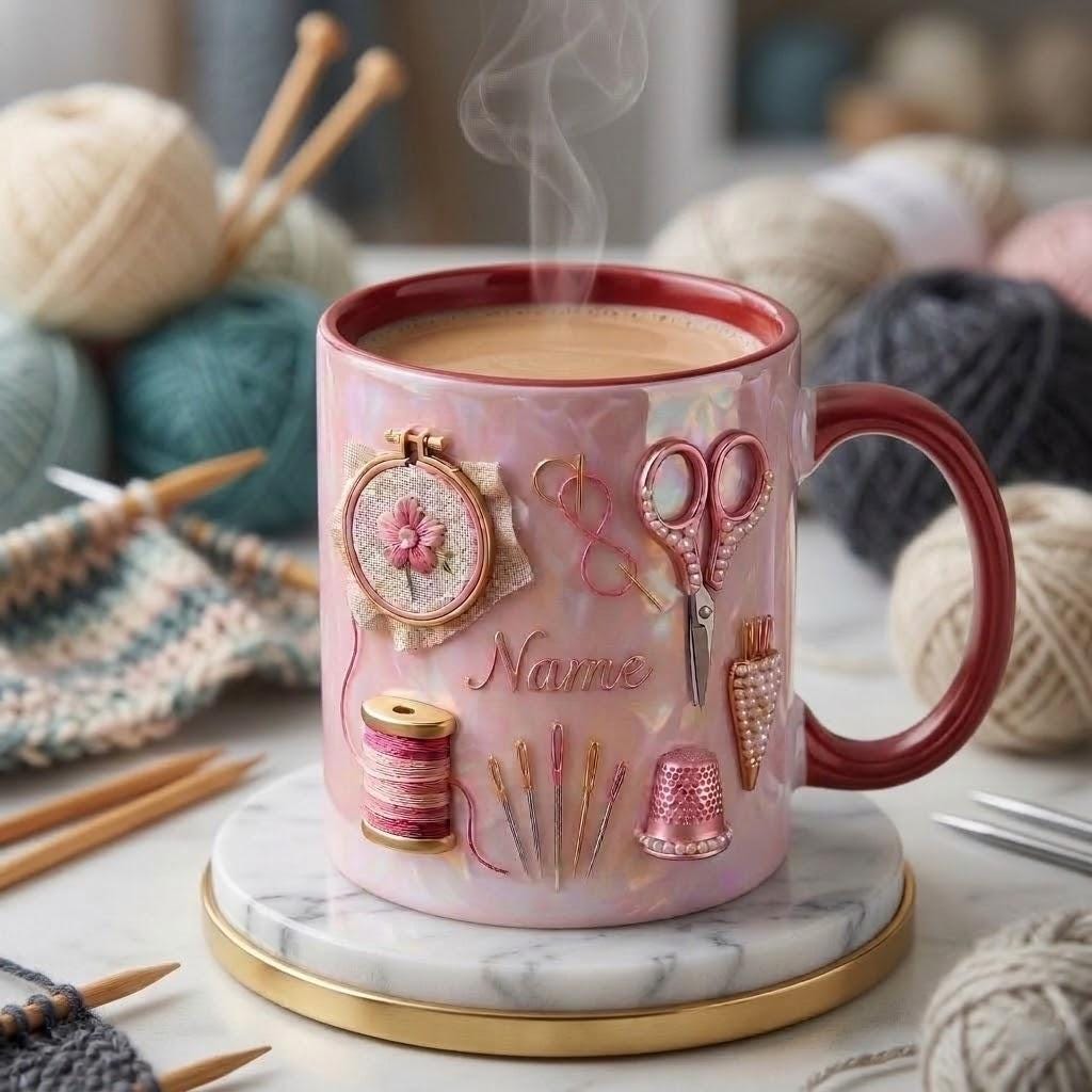 Knitting Mug 3D, Knitting Lover Coffee Mug, Personalized Craft Gift, Faux 3D Effect Mug