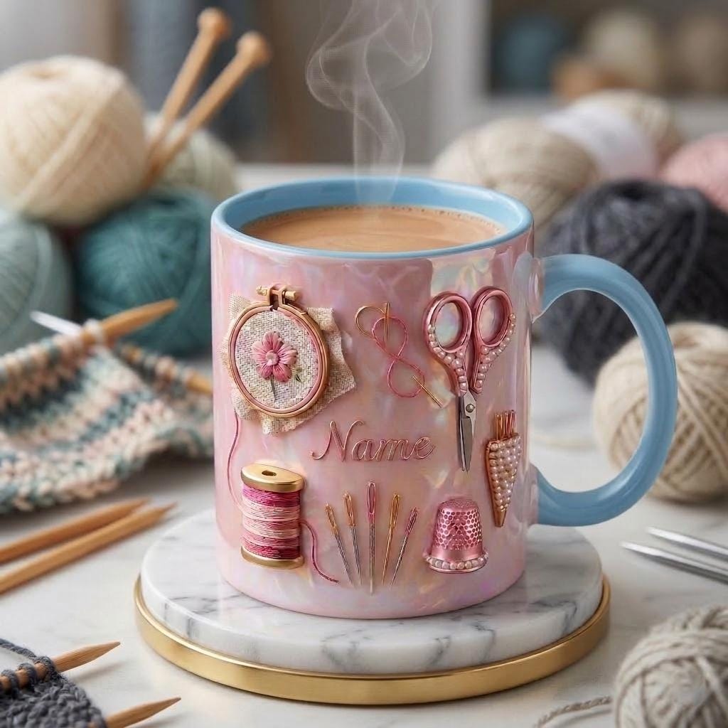 Knitting Mug 3D, Knitting Lover Coffee Mug, Personalized Craft Gift, Faux 3D Effect Mug