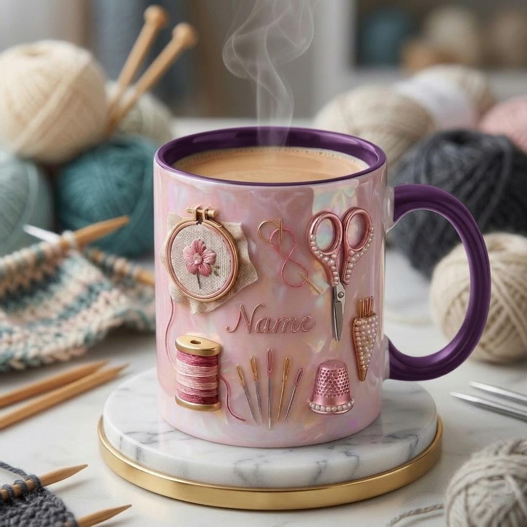 Knitting Mug 3D, Knitting Lover Coffee Mug, Personalized Craft Gift, Faux 3D Effect Mug