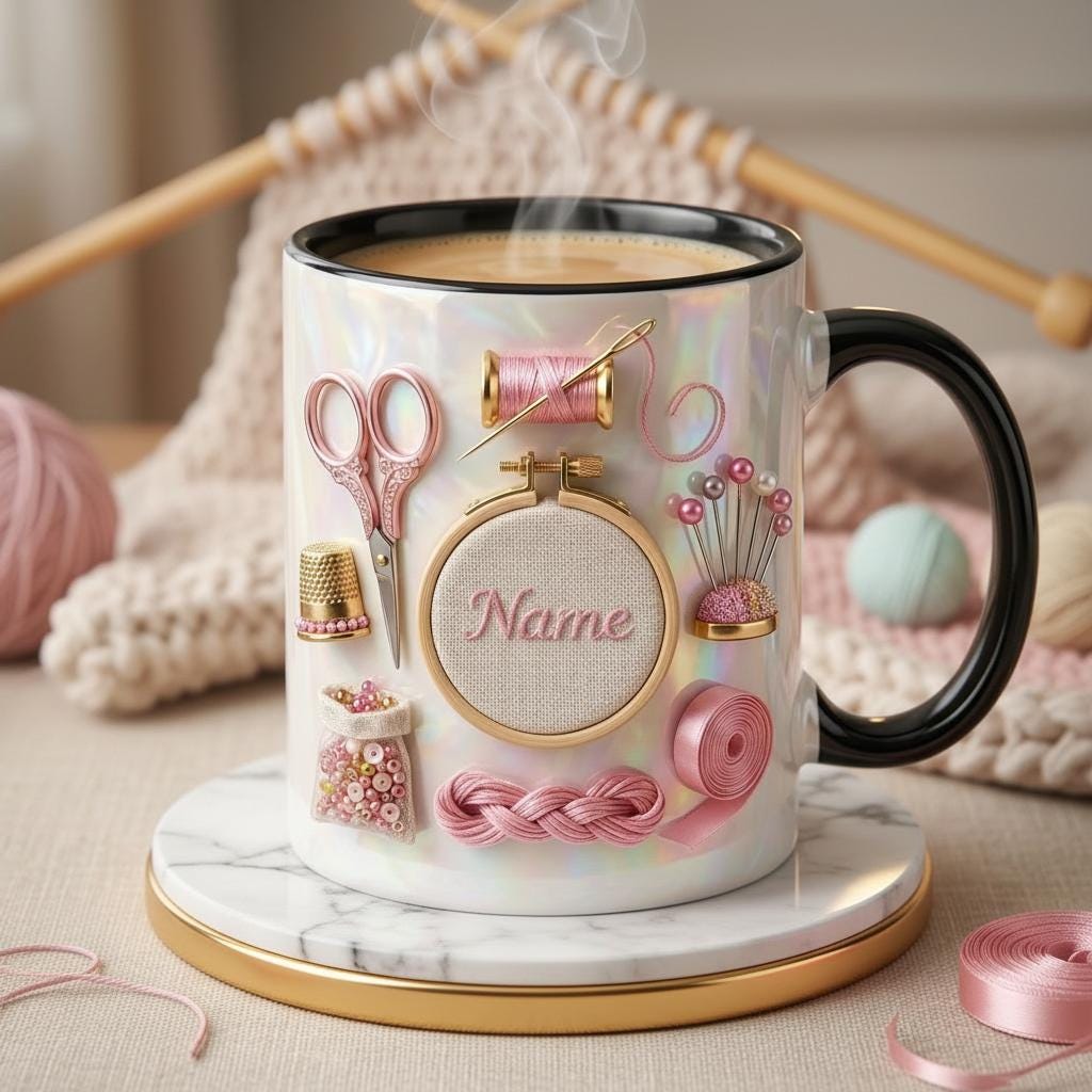 Knitting Mug 3D, Faux 3D Effect Mug, Custom Name Knitting Coffee Cup, Handmade Lover Gift