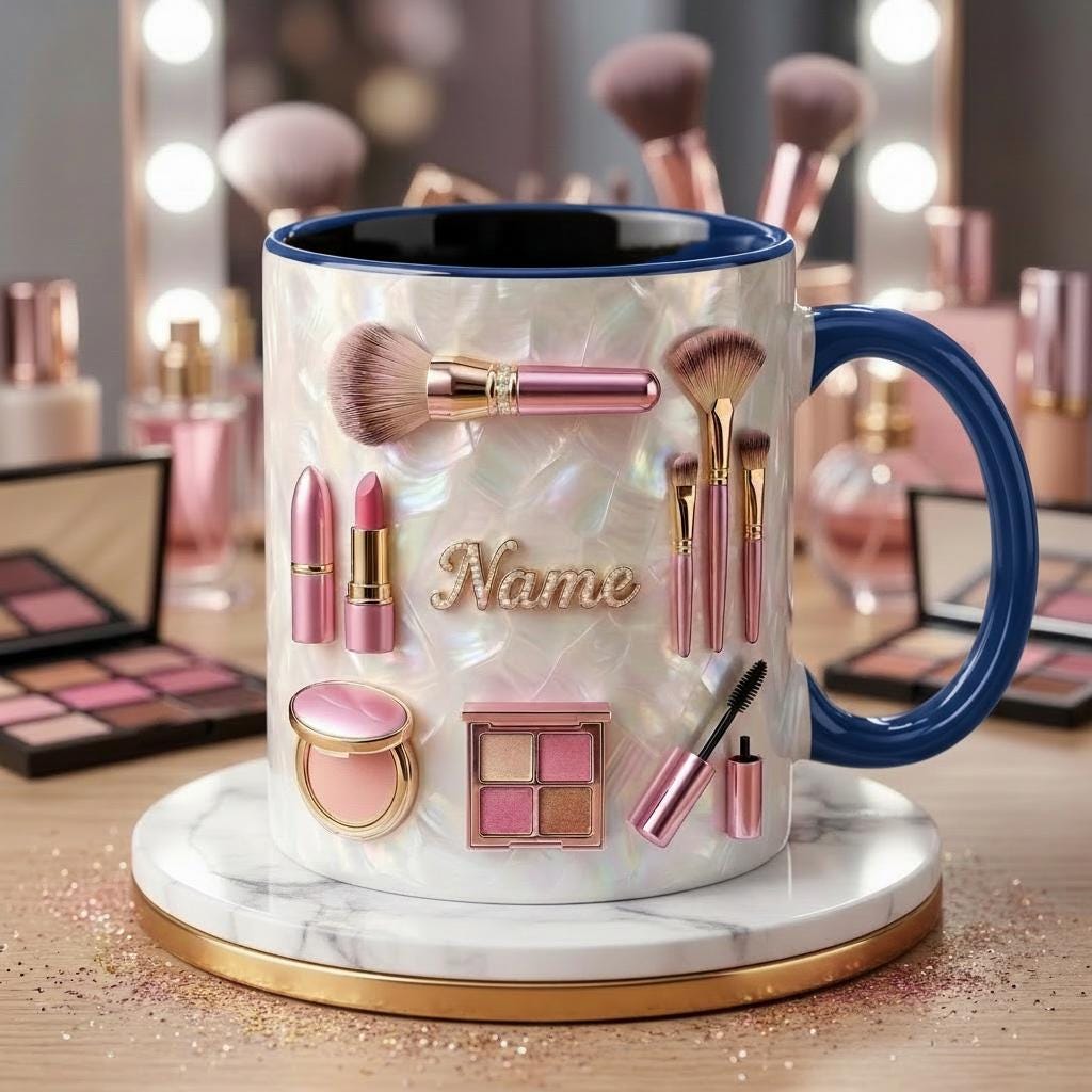 Make Up Mug 3D, Faux 3D Effect Mug, Cosmetic Lover Mug, Custom Name Coffee Cup