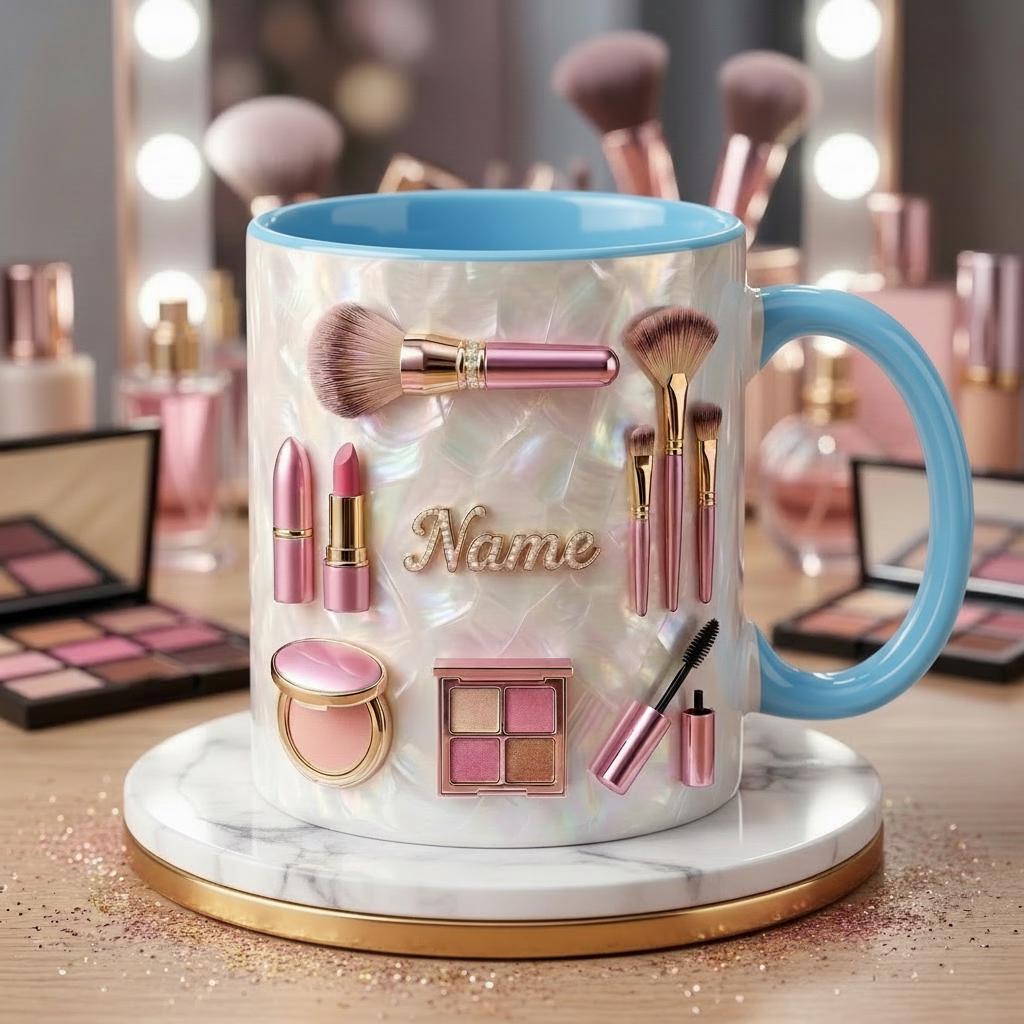 Make Up Mug 3D, Faux 3D Effect Mug, Cosmetic Lover Mug, Custom Name Coffee Cup