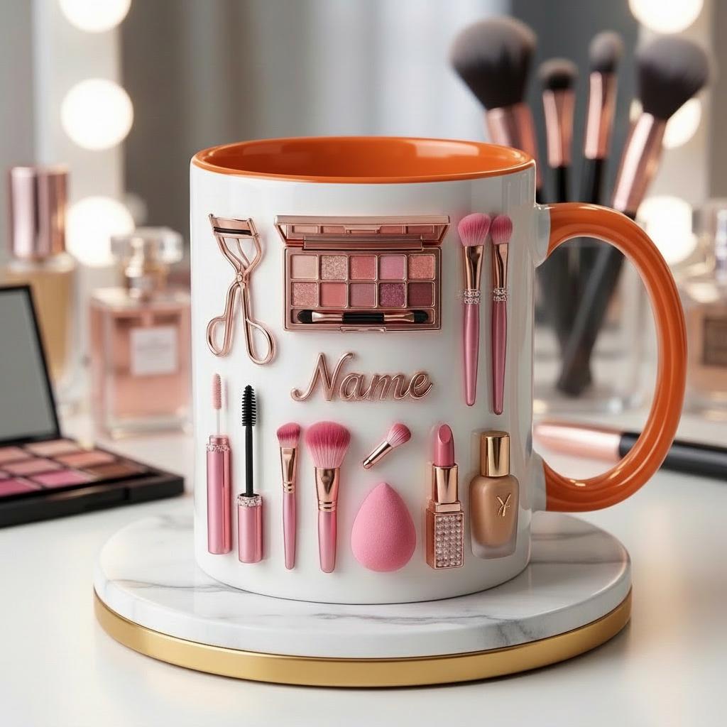 Make Up Mug 3D, Faux 3D Effect Mug, Custom Name Makeup Artist Mug, Beauty Lover Gift