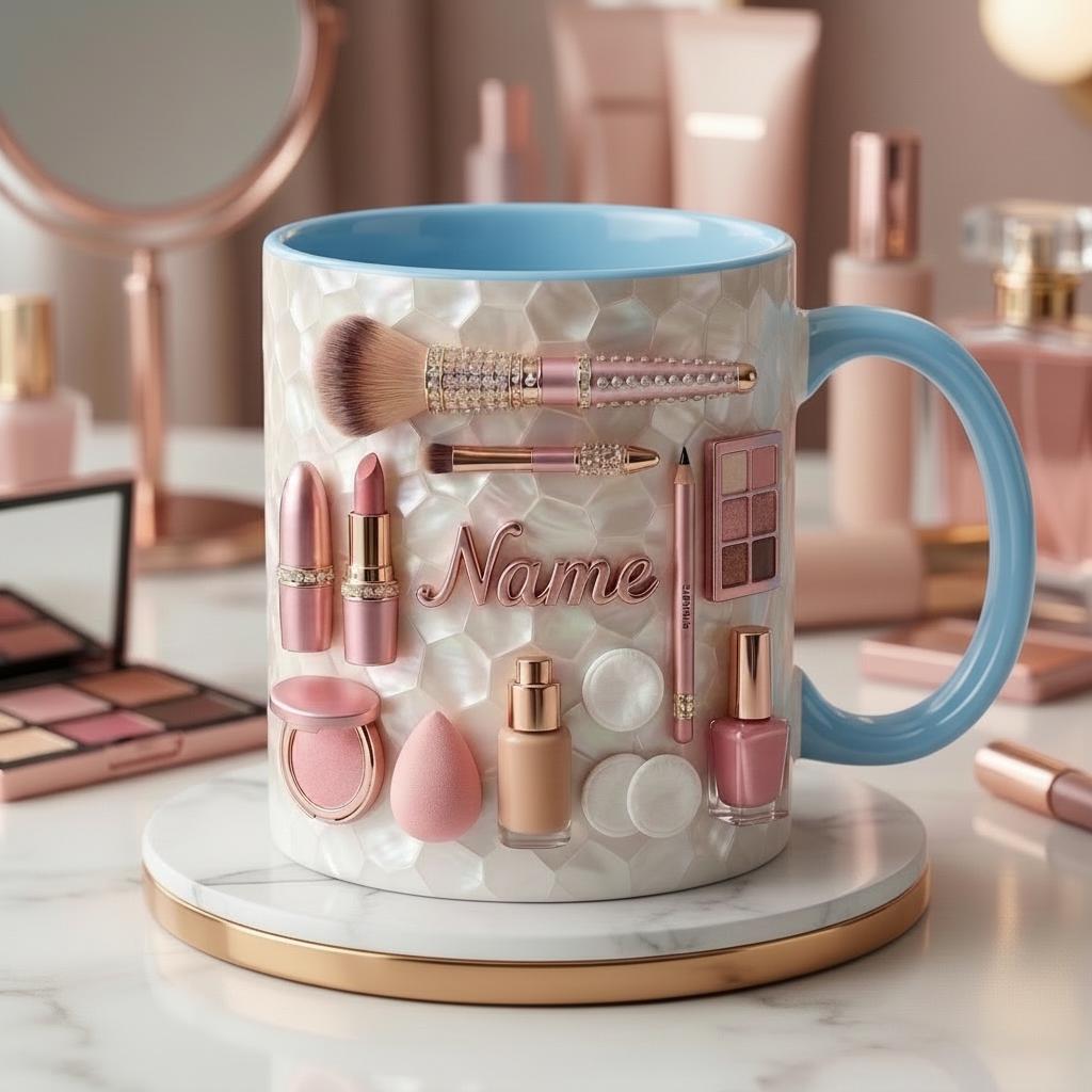 Make Up Mug 3D, Makeup Coffee Cup, Personalized Cosmetic Lover Gift,  Faux 3D Effect Mug