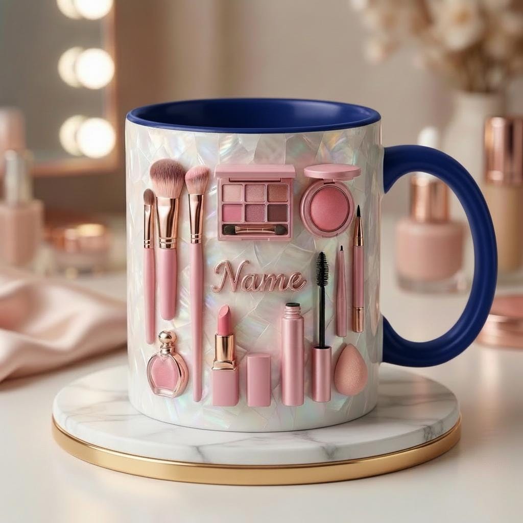 Make Up Mug 3D, Faux 3D Effect Mug, Custom Name Beauty Coffee Mug, Gift for Makeup Lover