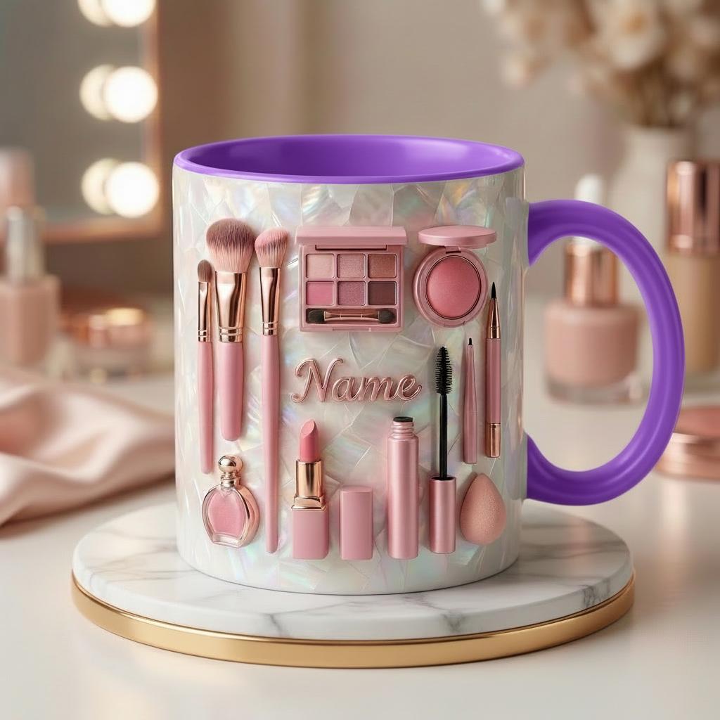Make Up Mug 3D, Faux 3D Effect Mug, Custom Name Beauty Coffee Mug, Gift for Makeup Lover