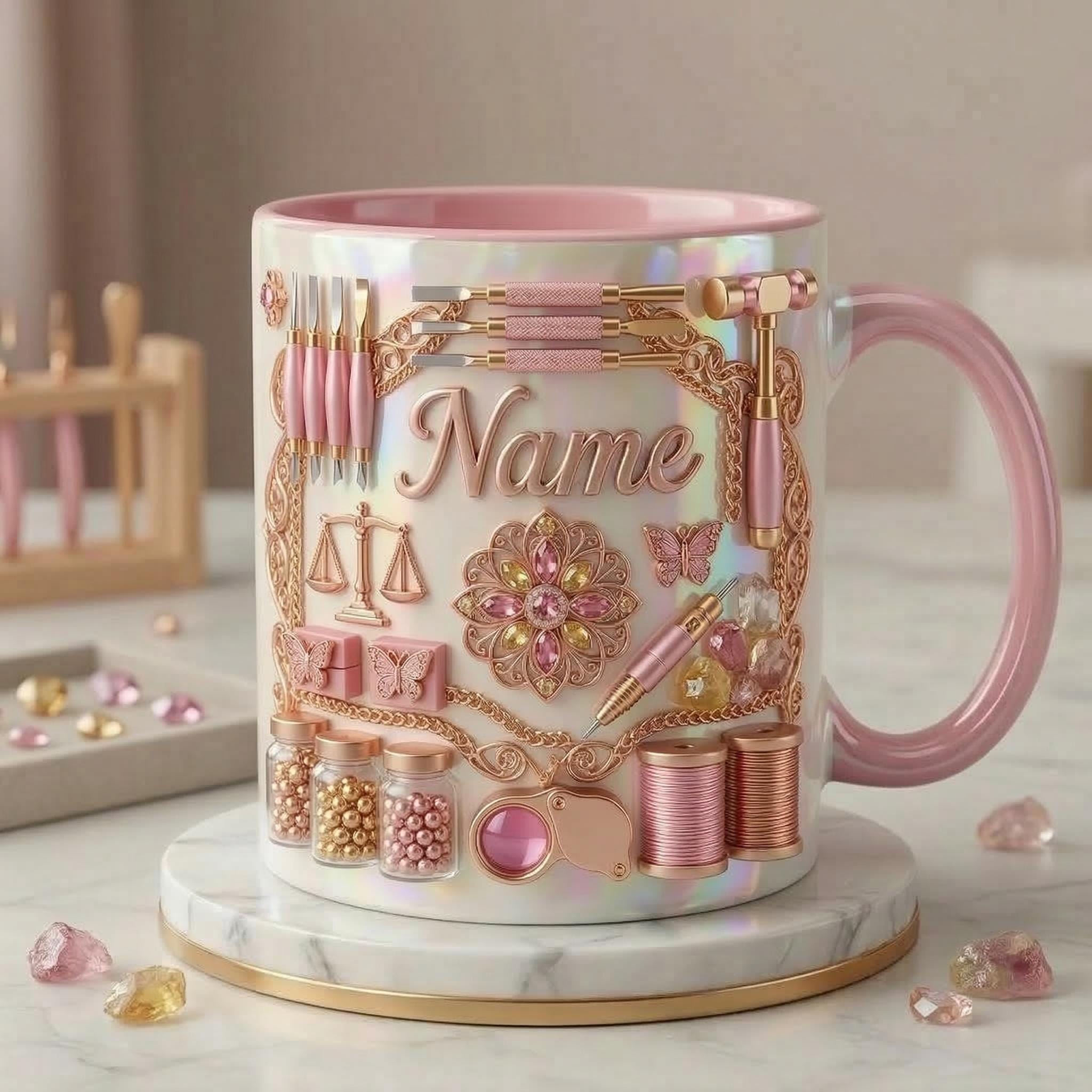 Jewelry Making Mug 3D, Jewelry Maker Coffee Cup, Custom Name Artisan Gift, Faux 3D Effect Mug