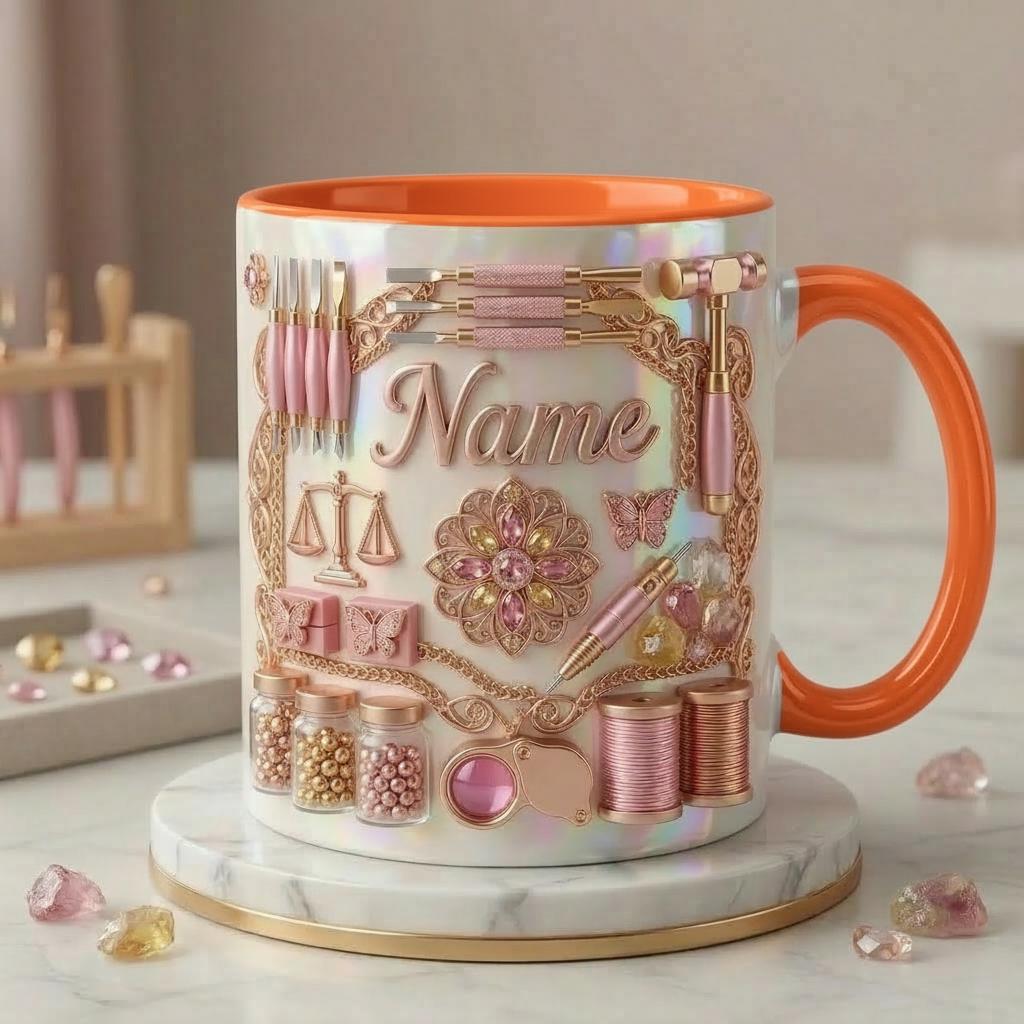 Jewelry Making Mug 3D, Jewelry Maker Coffee Cup, Custom Name Artisan Gift, Faux 3D Effect Mug
