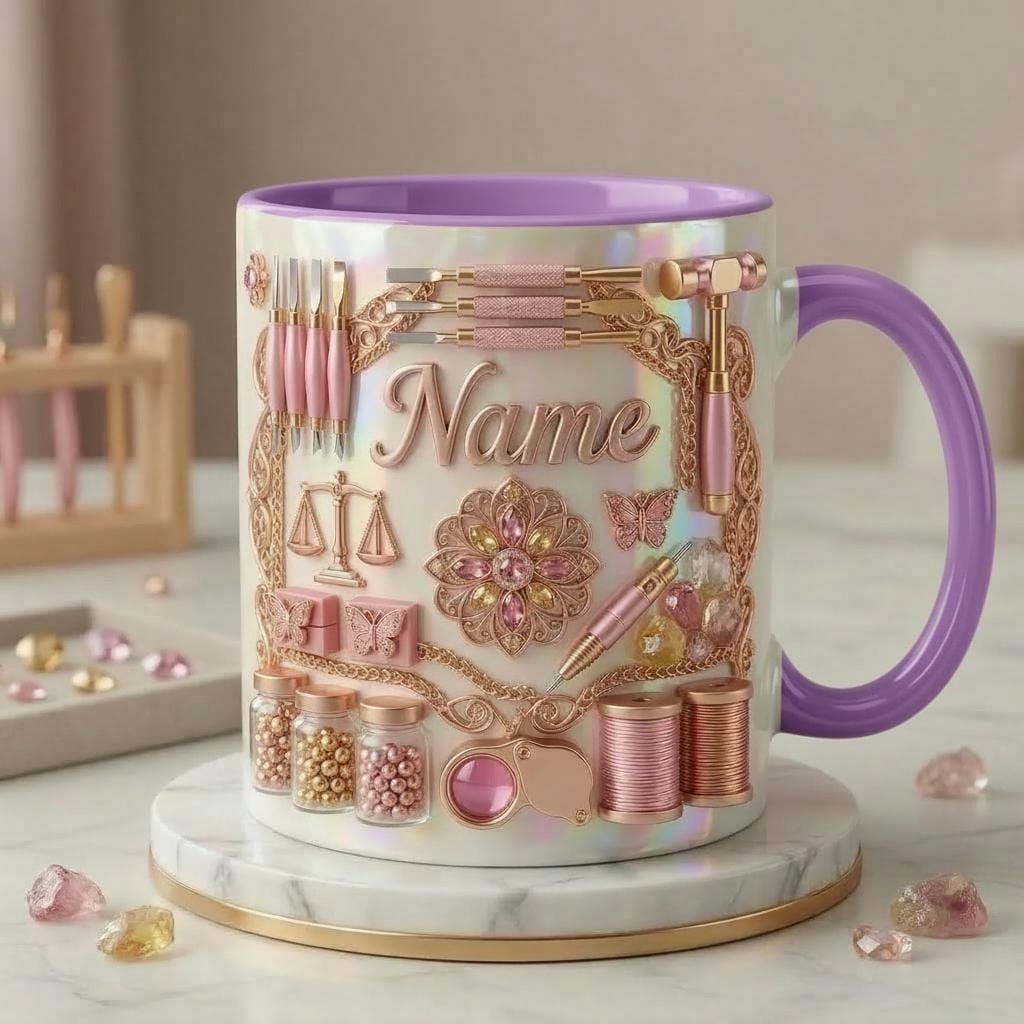 Jewelry Making Mug 3D, Jewelry Maker Coffee Cup, Custom Name Artisan Gift, Faux 3D Effect Mug