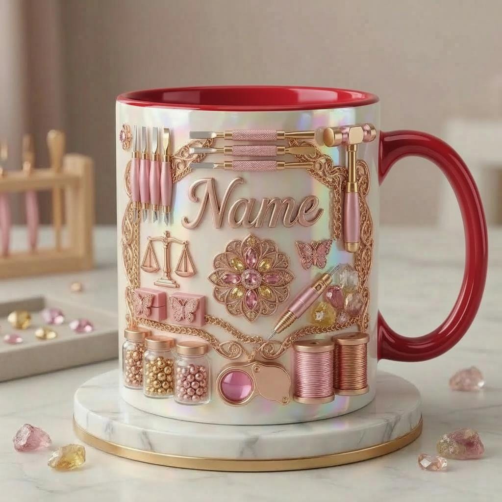 Jewelry Making Mug 3D, Jewelry Maker Coffee Cup, Custom Name Artisan Gift, Faux 3D Effect Mug
