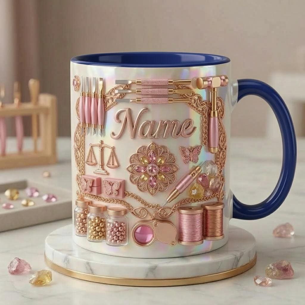 Jewelry Making Mug 3D, Jewelry Maker Coffee Cup, Custom Name Artisan Gift, Faux 3D Effect Mug