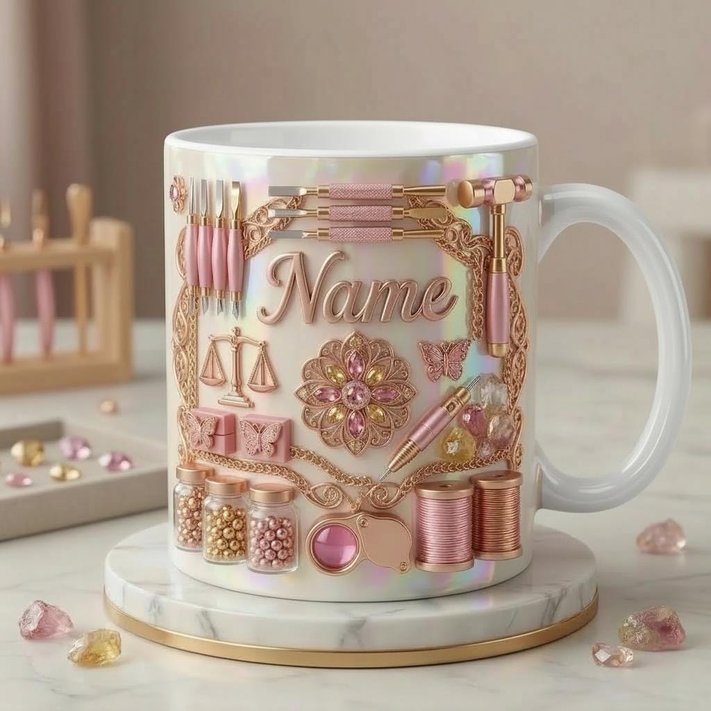 Jewelry Making Mug 3D, Jewelry Maker Coffee Cup, Custom Name Artisan Gift, Faux 3D Effect Mug