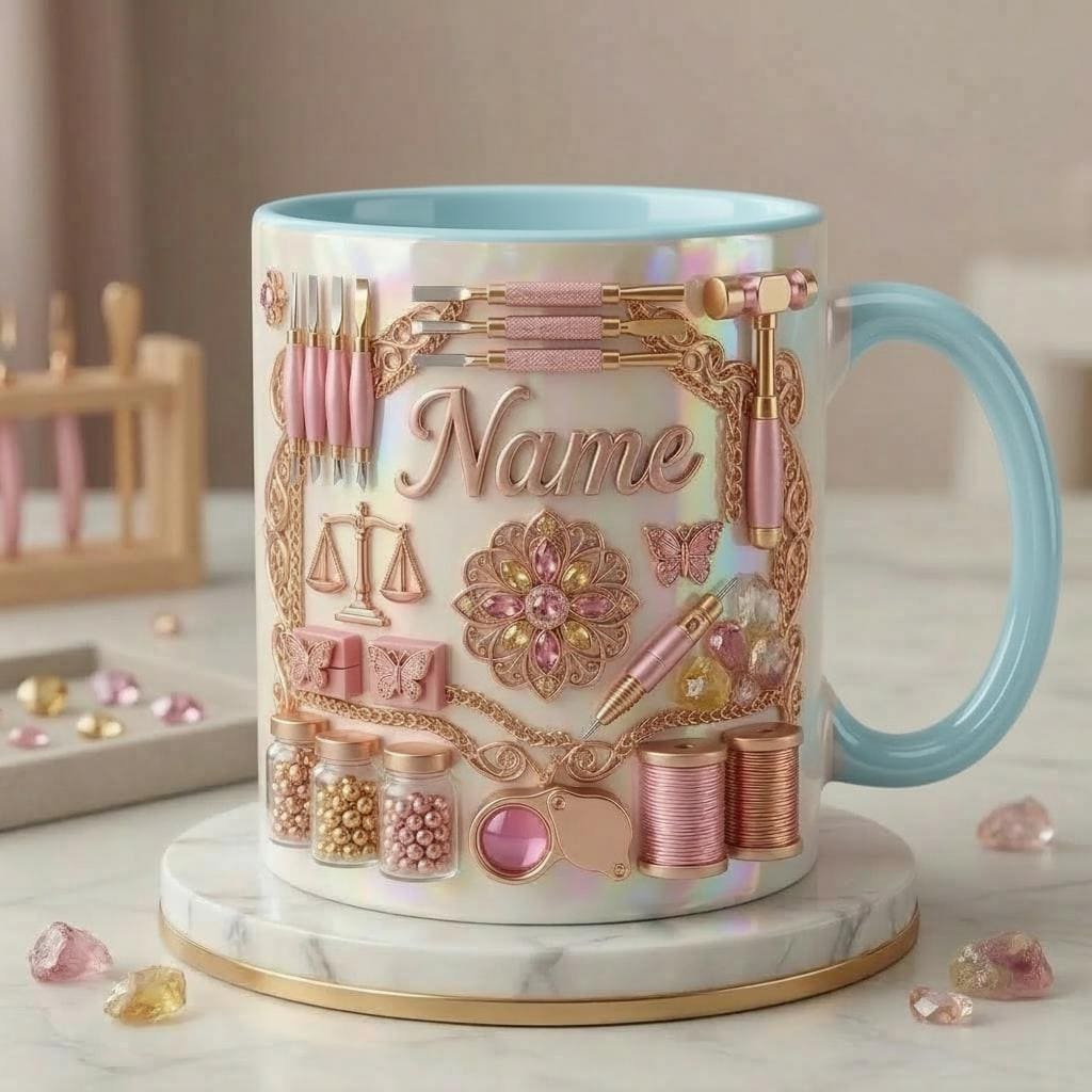 Jewelry Making Mug 3D, Jewelry Maker Coffee Cup, Custom Name Artisan Gift, Faux 3D Effect Mug