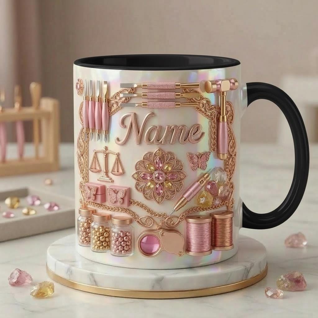 Jewelry Making Mug 3D, Jewelry Maker Coffee Cup, Custom Name Artisan Gift, Faux 3D Effect Mug