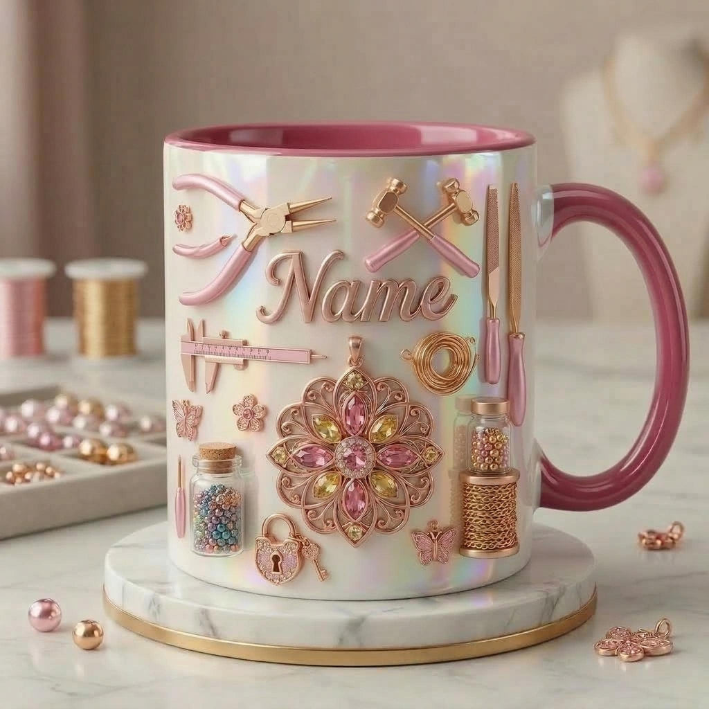 Jewelry Making Mug 3D, Custom Name Jewelry Craft Mug, Gift for Jewelry Maker, Faux 3D Effect Mug