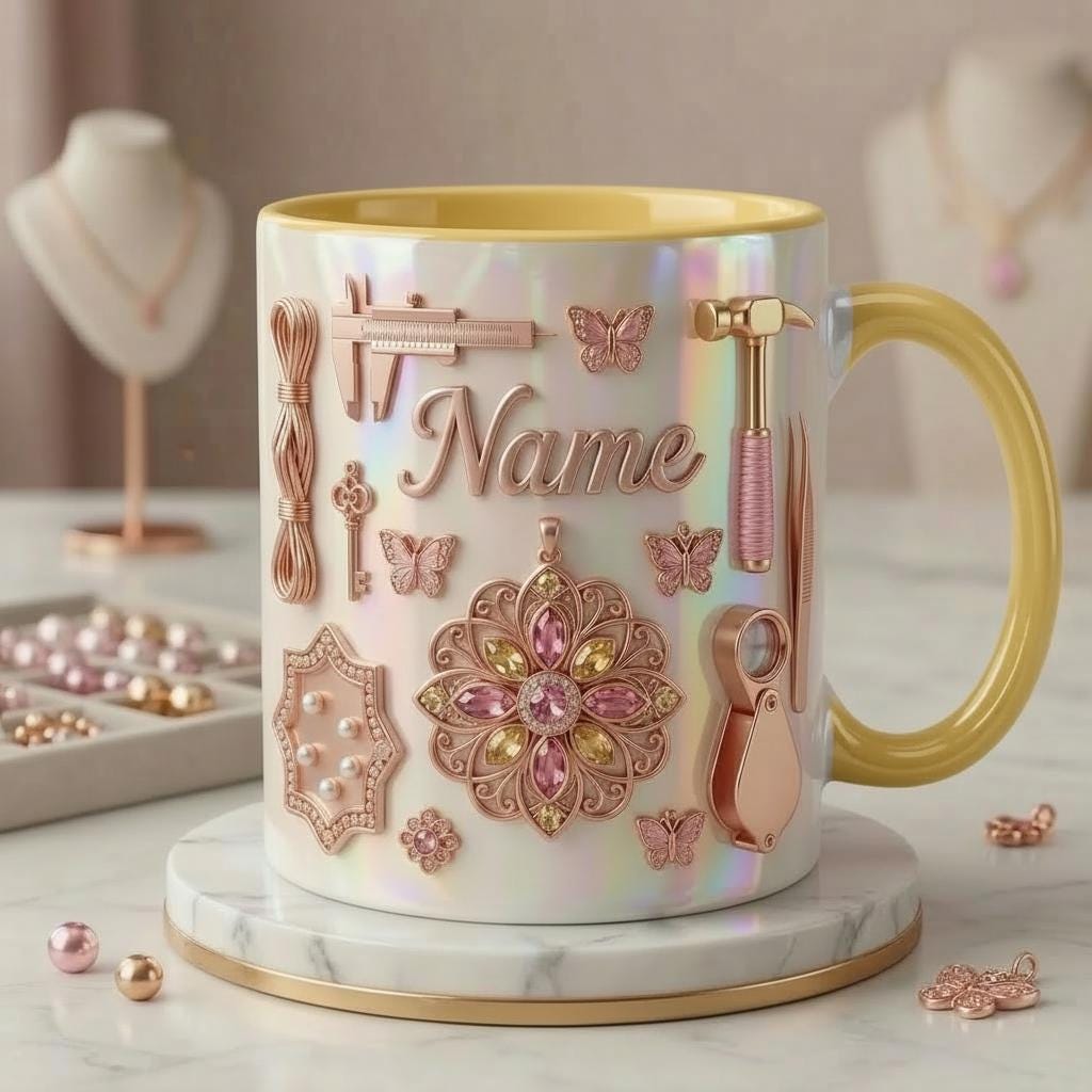 Jewelry Making Mug 3D, Handmade Jewelry Lover Mug, Custom Name Coffee Cup, Faux 3D Effect Mug