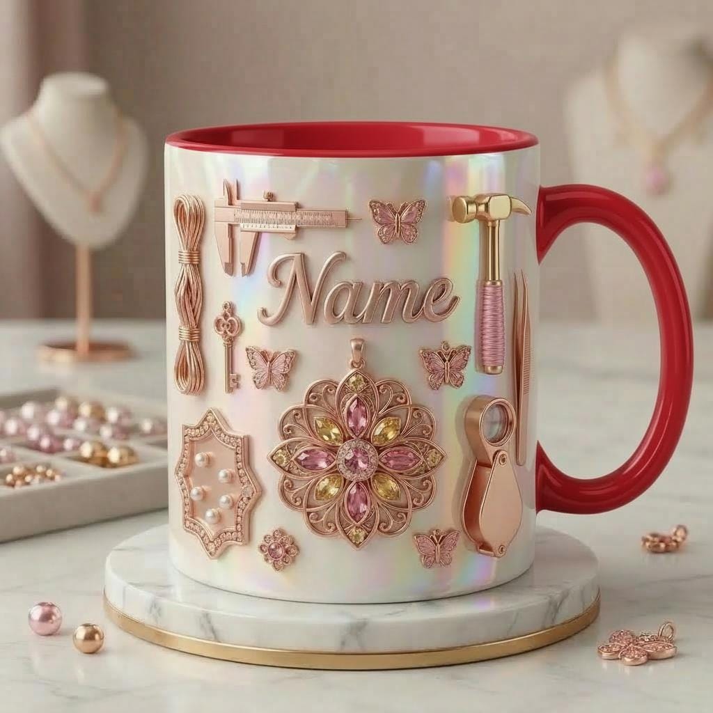 Jewelry Making Mug 3D, Handmade Jewelry Lover Mug, Custom Name Coffee Cup, Faux 3D Effect Mug