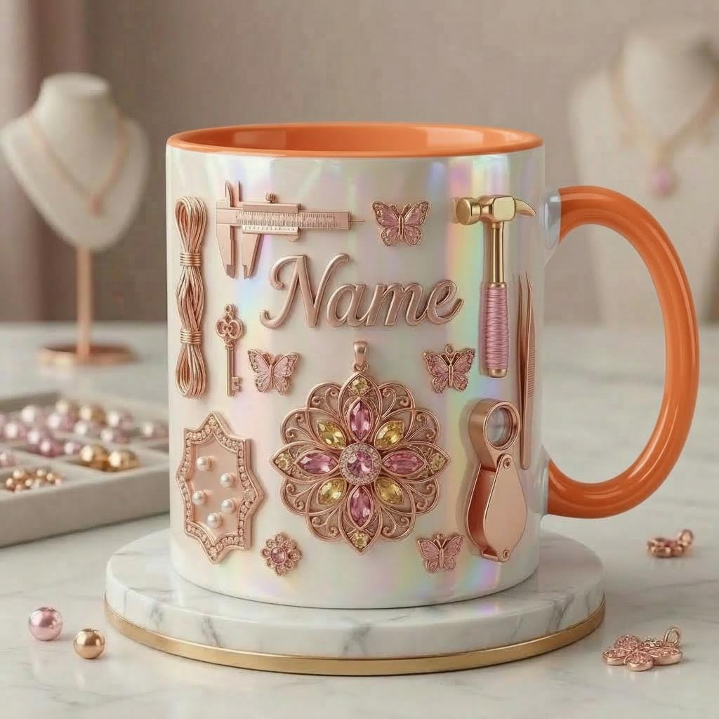 Jewelry Making Mug 3D, Handmade Jewelry Lover Mug, Custom Name Coffee Cup, Faux 3D Effect Mug