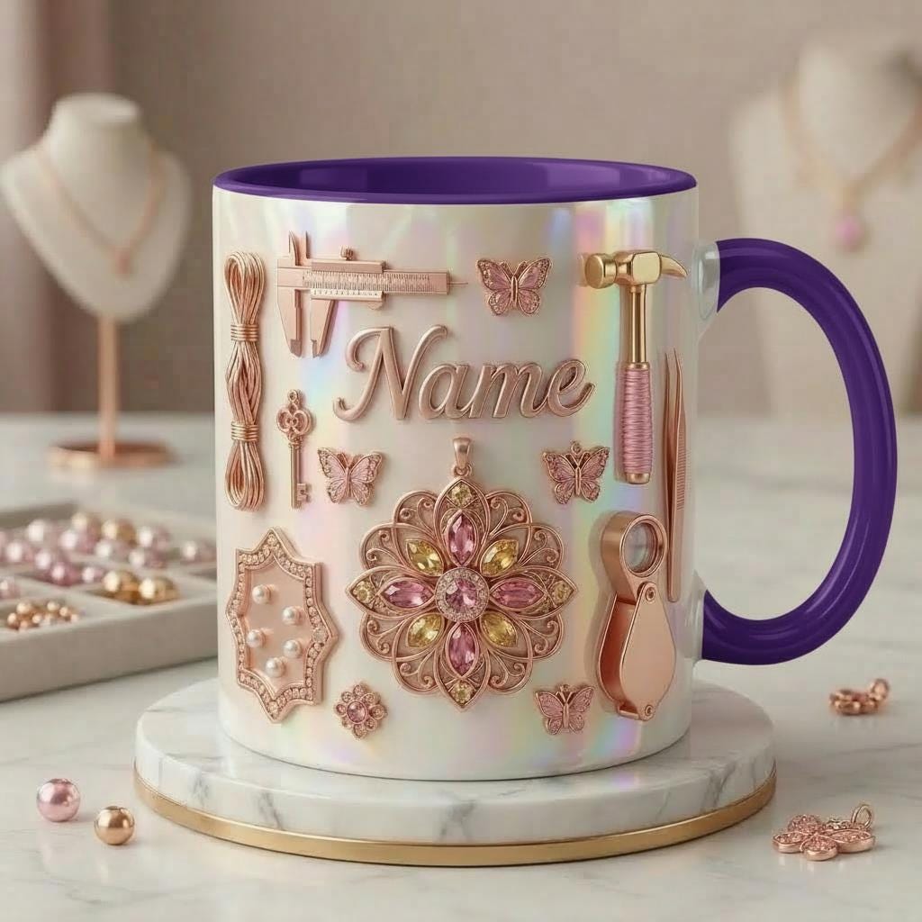 Jewelry Making Mug 3D, Handmade Jewelry Lover Mug, Custom Name Coffee Cup, Faux 3D Effect Mug