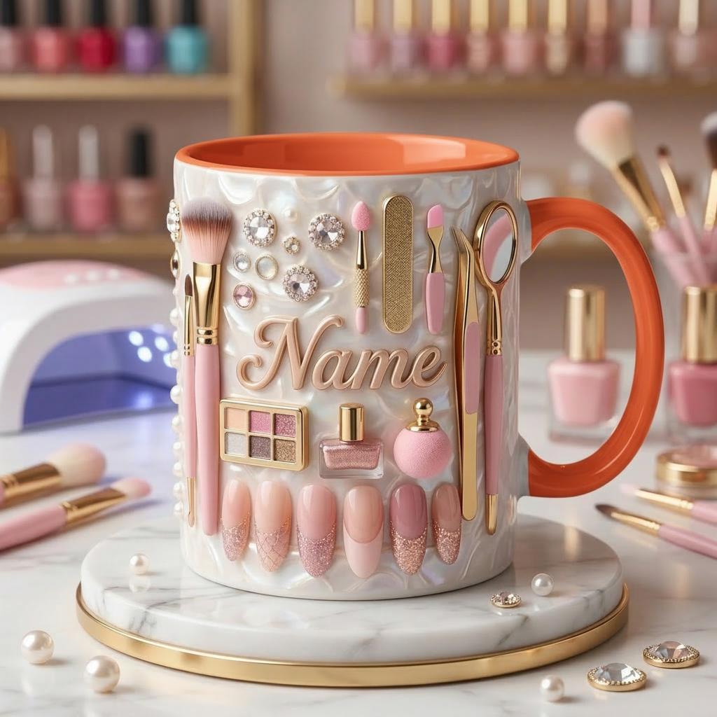 Nail Tech Mug 3D, Manicurist Coffee Mug, Custom Name Nail Tech Gift, Faux 3D Effect Mug
