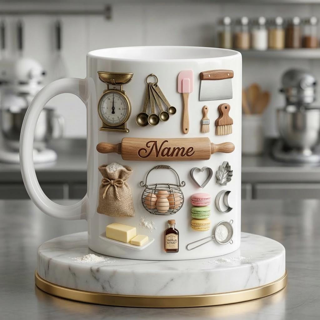 Baking Accent Mug, Faux 3D Effect Mug, Custom Name Baking Coffee Cup, Baker Gift Idea