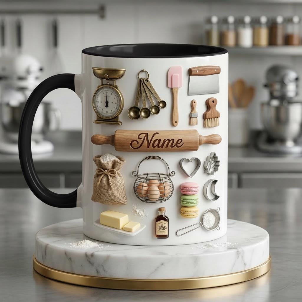 Baking Accent Mug, Faux 3D Effect Mug, Custom Name Baking Coffee Cup, Baker Gift Idea