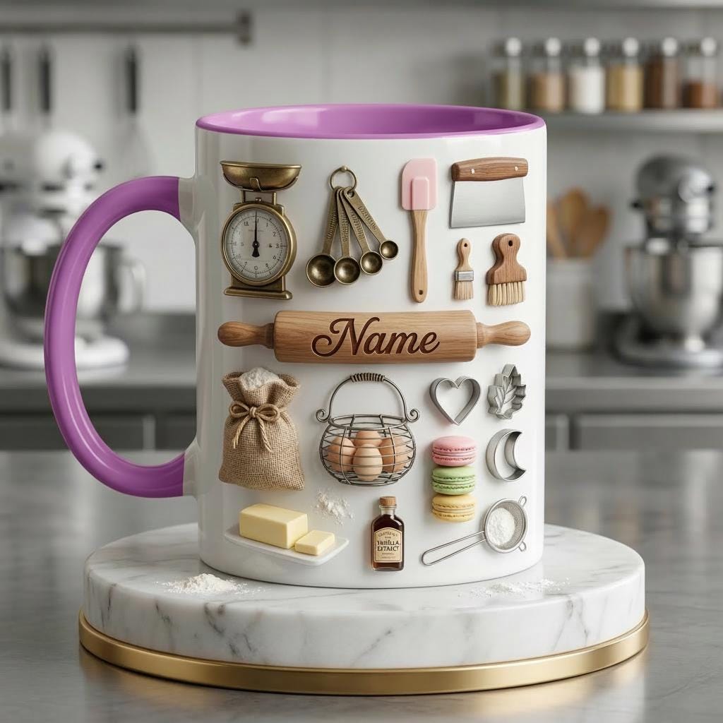 Baking Accent Mug, Faux 3D Effect Mug, Custom Name Baking Coffee Cup, Baker Gift Idea