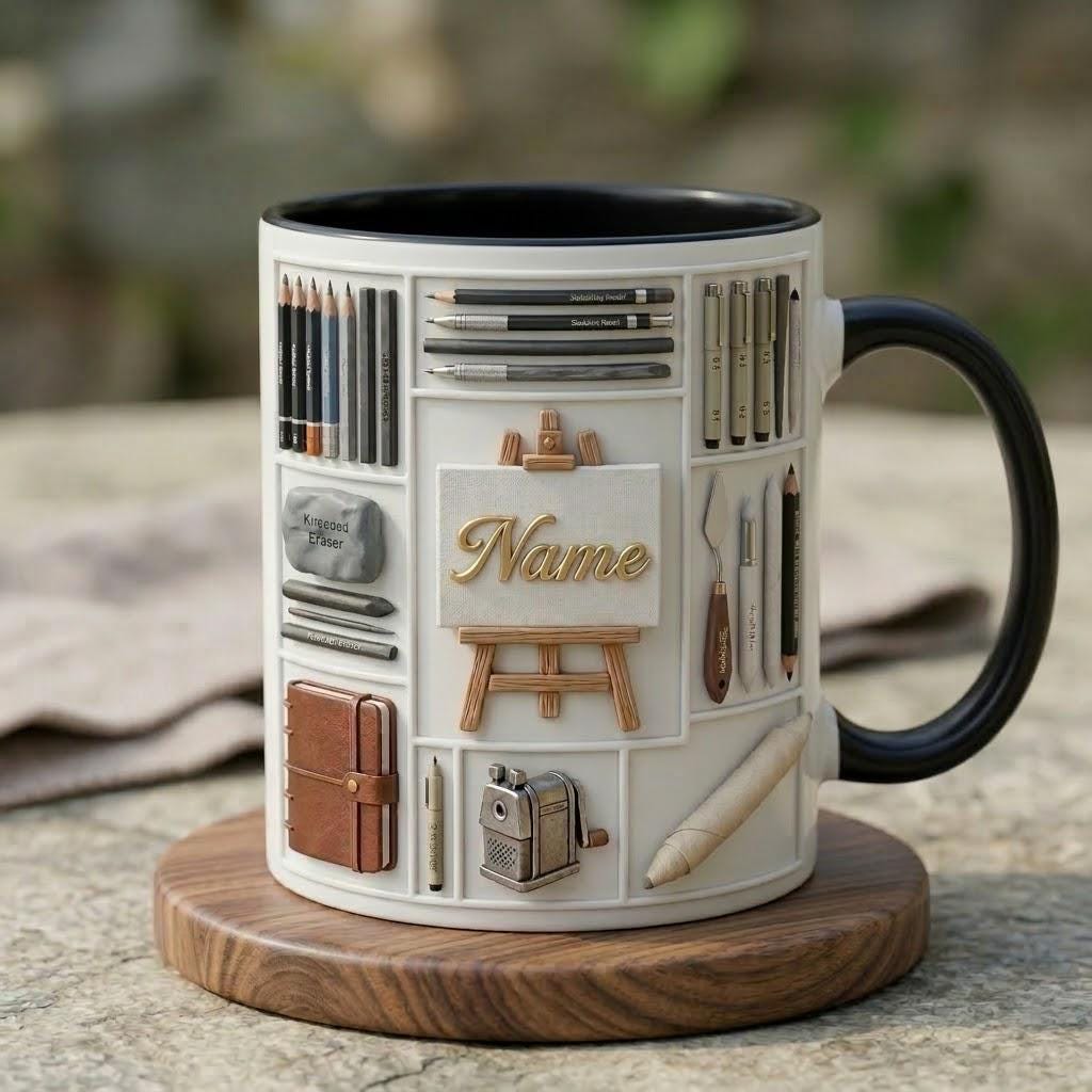 3D Sketch Artist Mug, Personalized Art Coffee Cup, Ceramic Drinkware