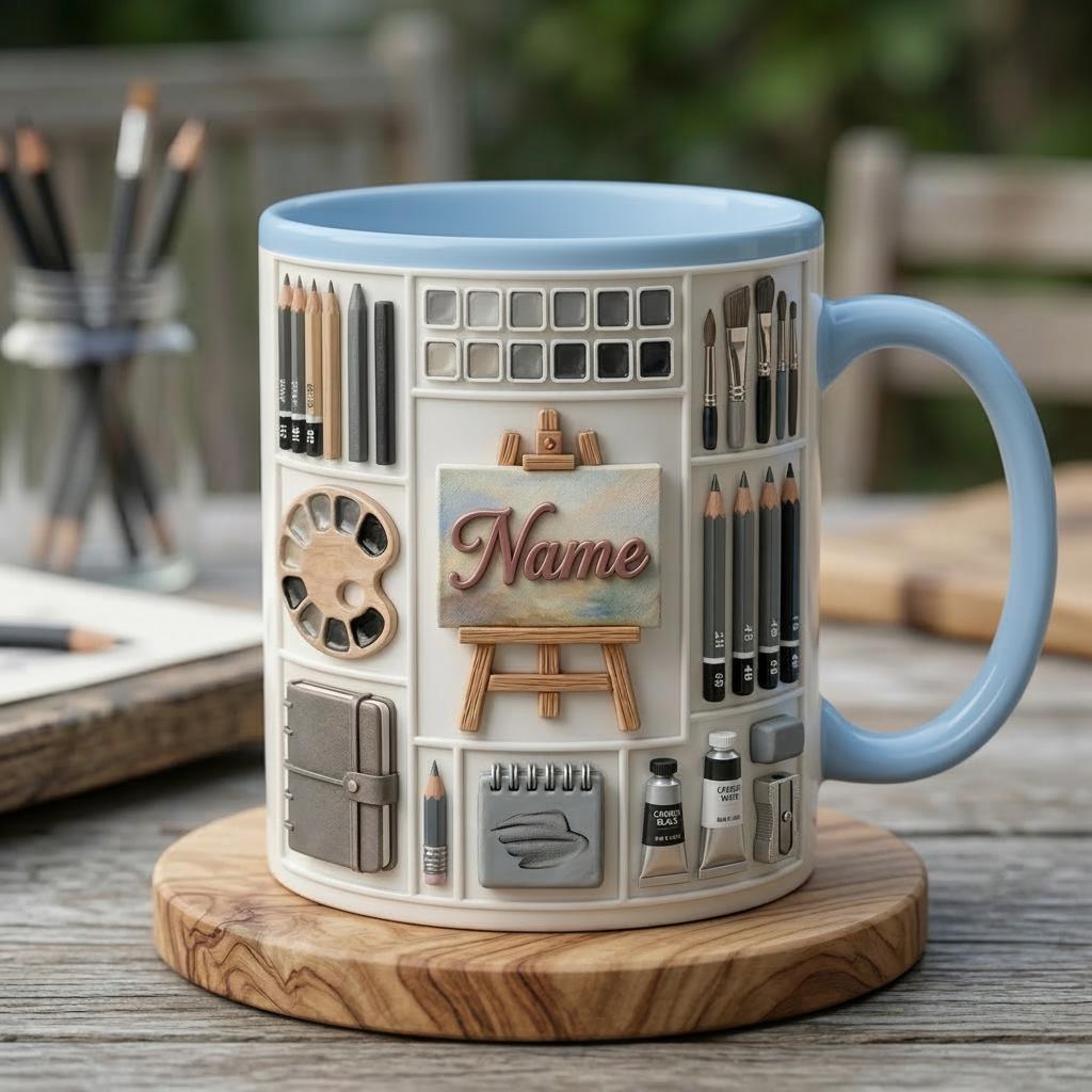 Personalized Artist Sketching Mug 3D, Custom Name Coffee Cup, 3D Art Design
