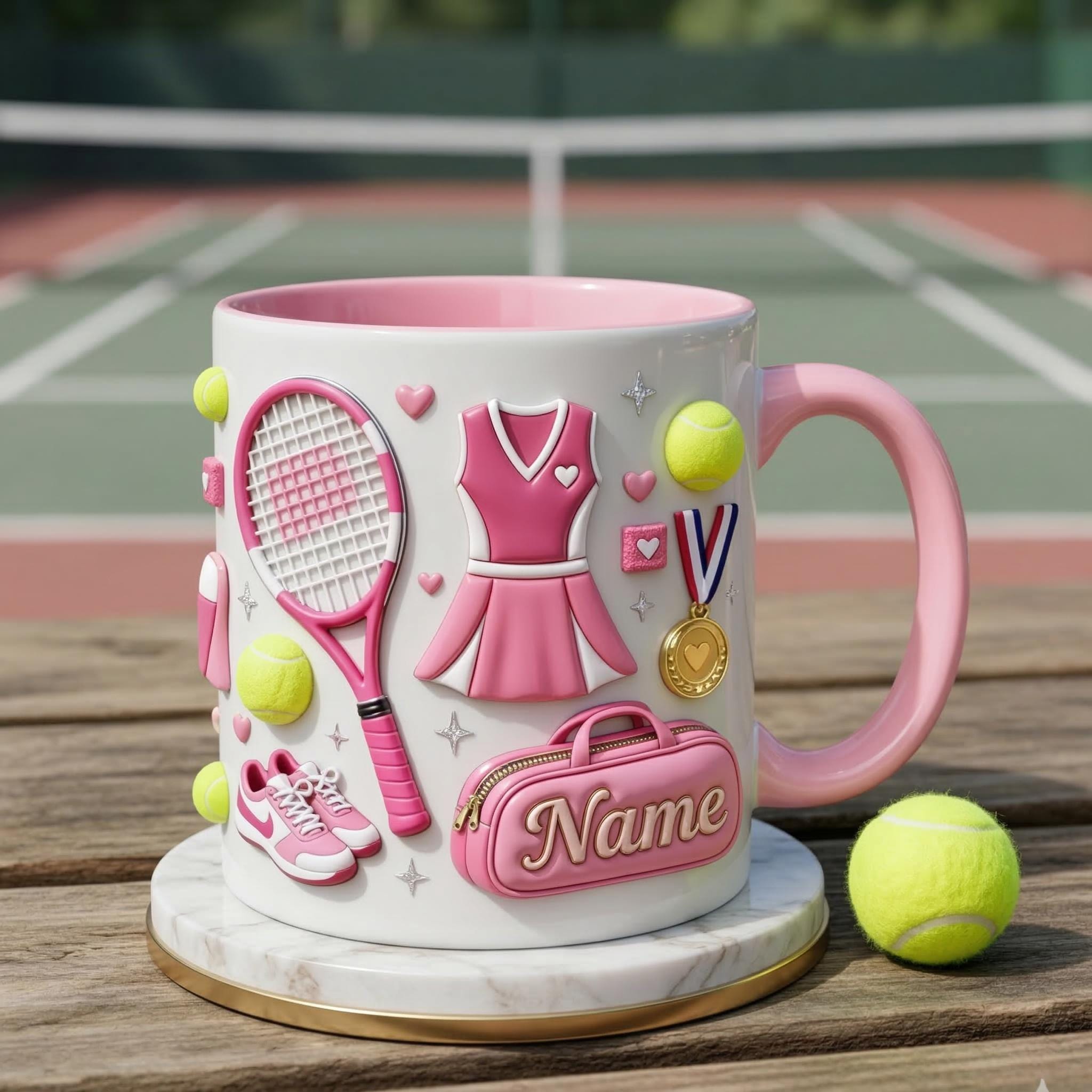 Tennis Mug 3D, Faux 3D Mug, Cute Tennis Coffee Mug, Custom Name Tennis Lover Gift