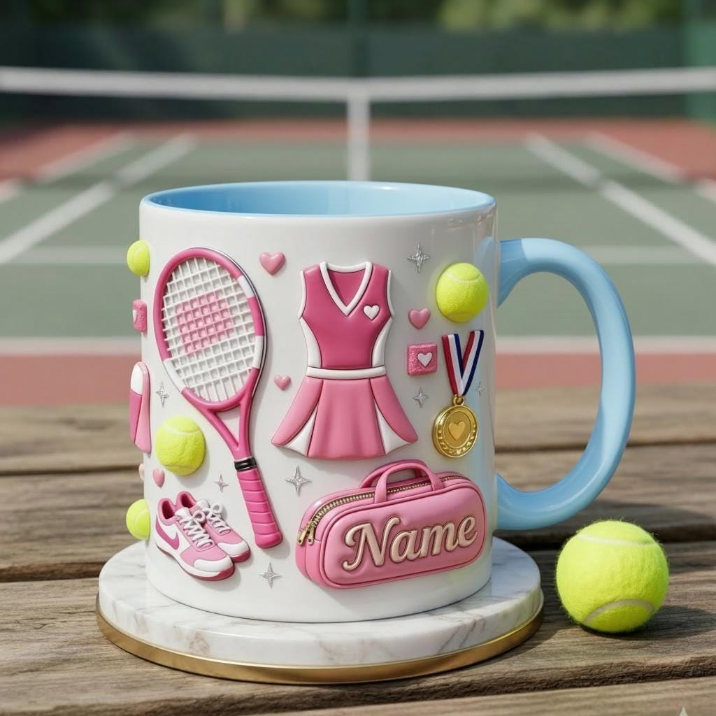 Tennis Mug 3D, Faux 3D Mug, Cute Tennis Coffee Mug, Custom Name Tennis Lover Gift