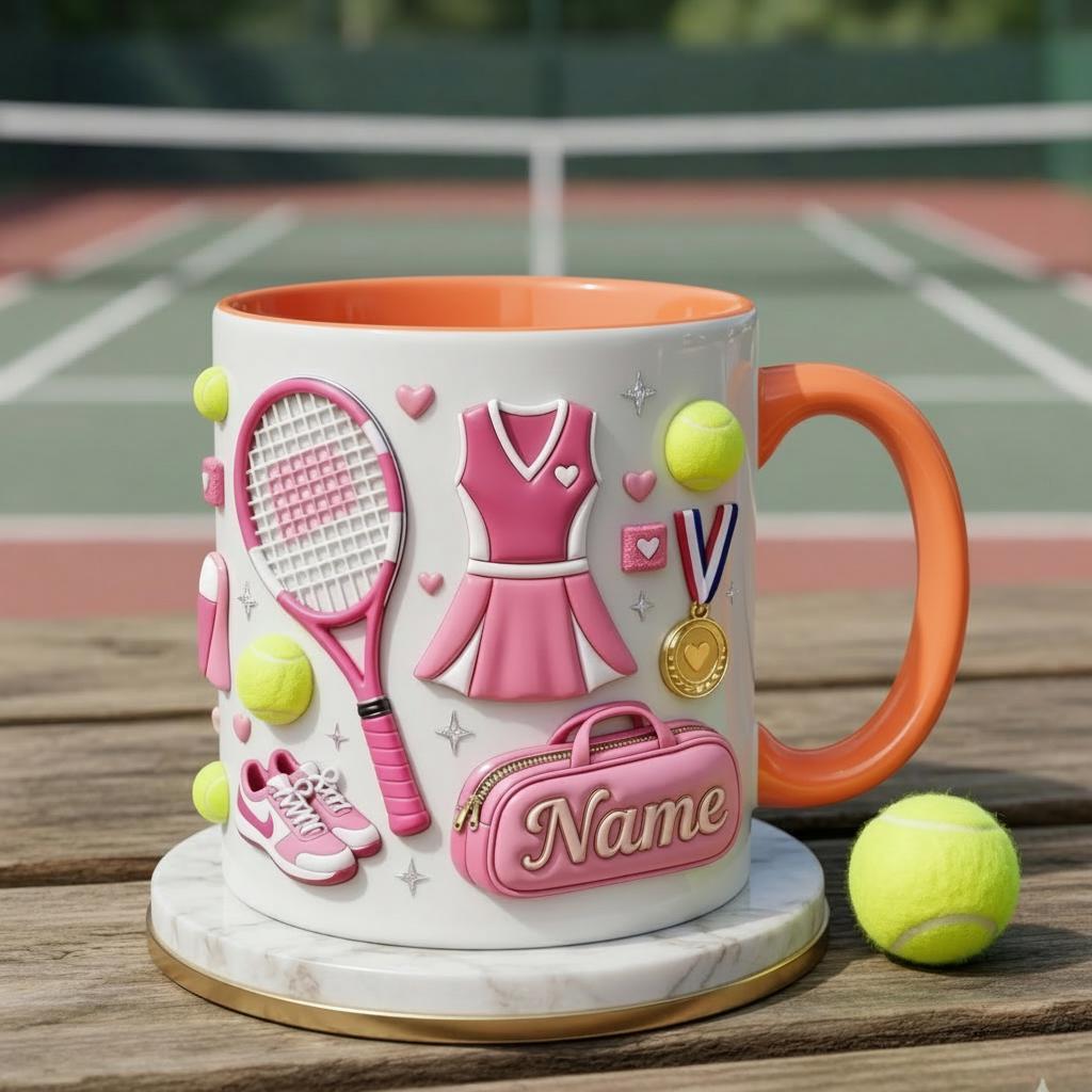 Tennis Mug 3D, Faux 3D Mug, Cute Tennis Coffee Mug, Custom Name Tennis Lover Gift