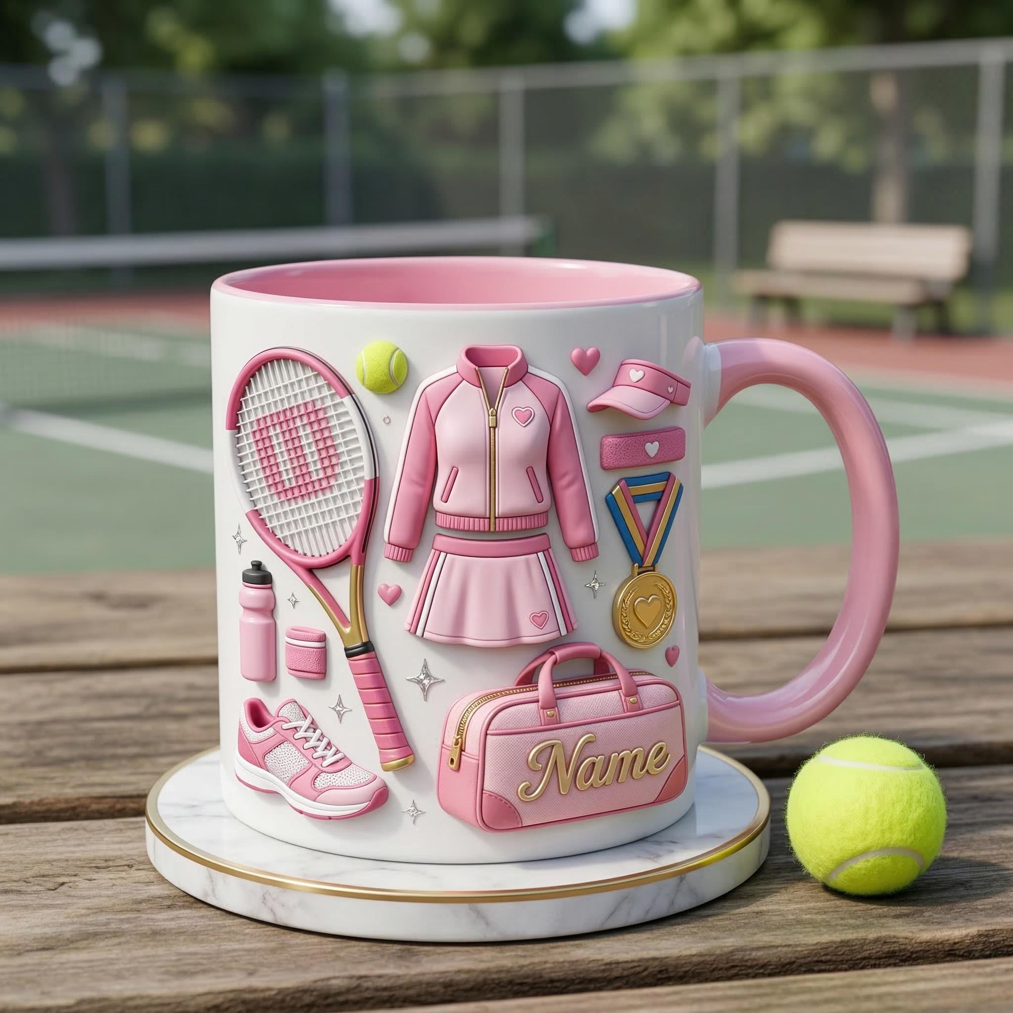 Personalized Tennis Lover Mug 3D, Custom Name Coffee Cup, 3D Tennis Gear Design