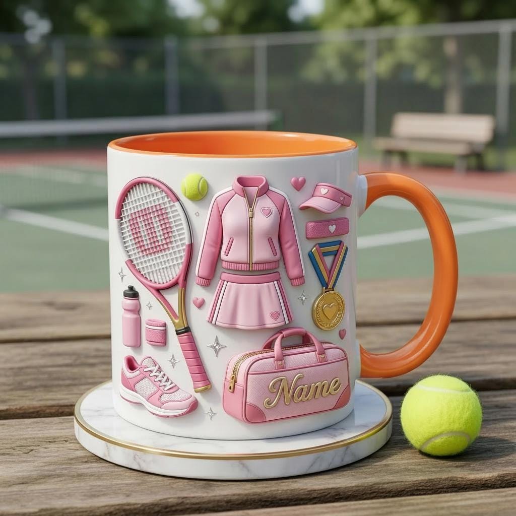 Personalized Tennis Lover Mug 3D, Custom Name Coffee Cup, 3D Tennis Gear Design
