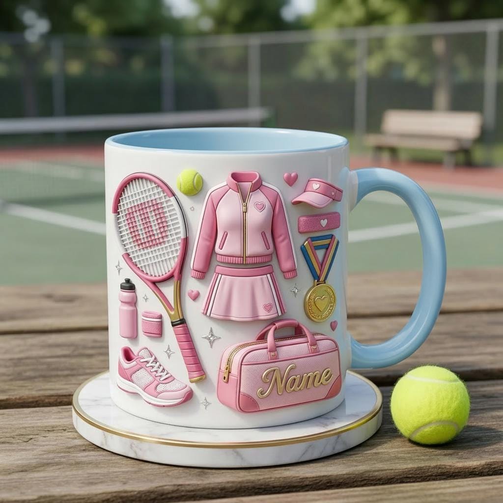 Personalized Tennis Lover Mug 3D, Custom Name Coffee Cup, 3D Tennis Gear Design