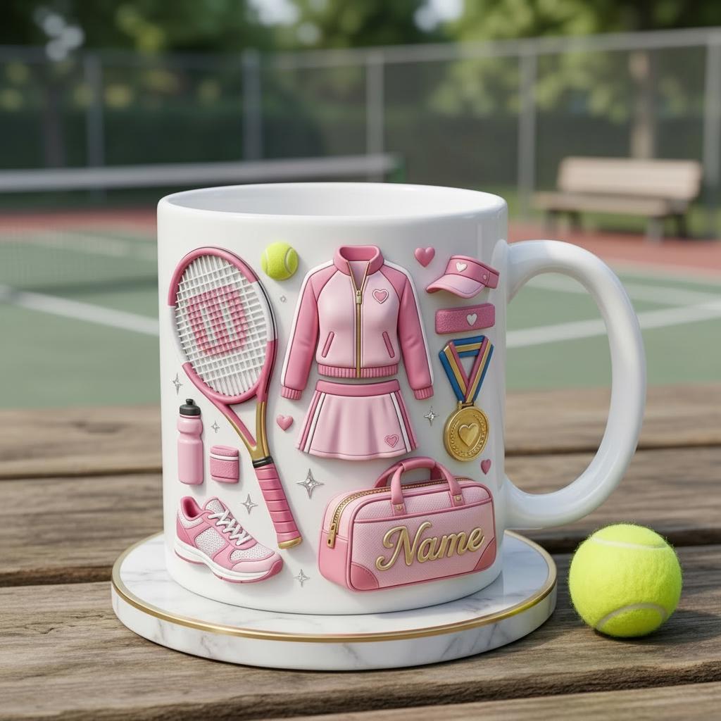 Personalized Tennis Lover Mug 3D, Custom Name Coffee Cup, 3D Tennis Gear Design