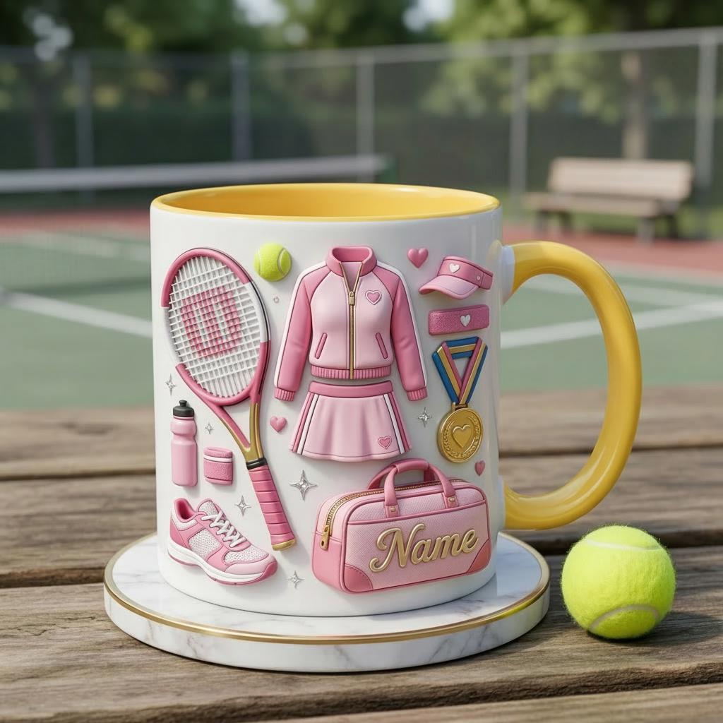 Personalized Tennis Lover Mug 3D, Custom Name Coffee Cup, 3D Tennis Gear Design