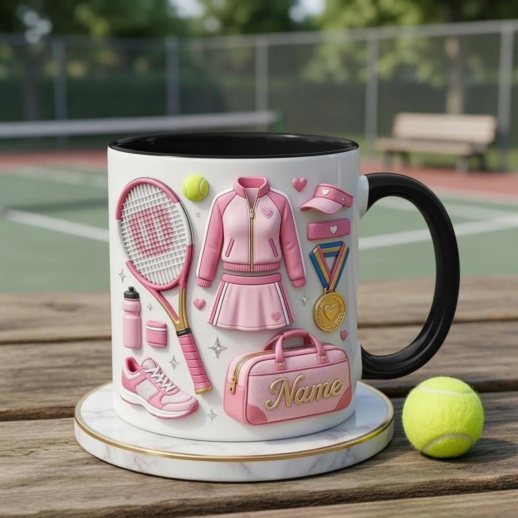 Personalized Tennis Lover Mug 3D, Custom Name Coffee Cup, 3D Tennis Gear Design