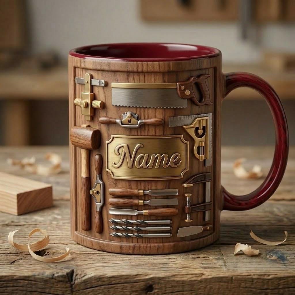 Woodworking Mug 3D, Custom Name Craft Coffee Accent Mug, Gift For Father Day, Faux 3D Mug