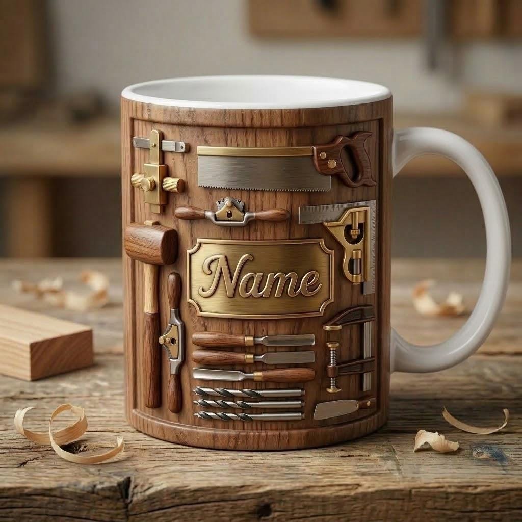 Woodworking Mug 3D, Custom Name Craft Coffee Accent Mug, Gift For Father Day, Faux 3D Mug