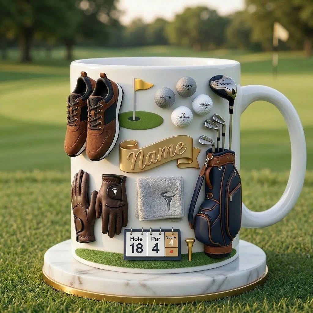 Golf Mug 3D, Faux 3D Mug, Personalized Golfer Coffee Cup, Custom Name Golf Lover Gift
