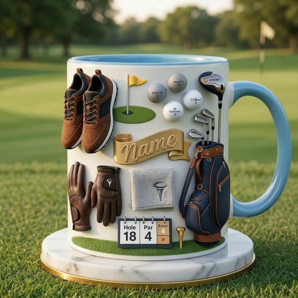 Golf Mug 3D, Faux 3D Mug, Personalized Golfer Coffee Cup, Custom Name Golf Lover Gift