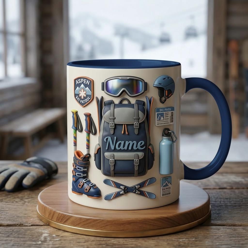 Custom Name Ski Mug 3D, Faux 3D Coffee Cup, Ski Lover Gift