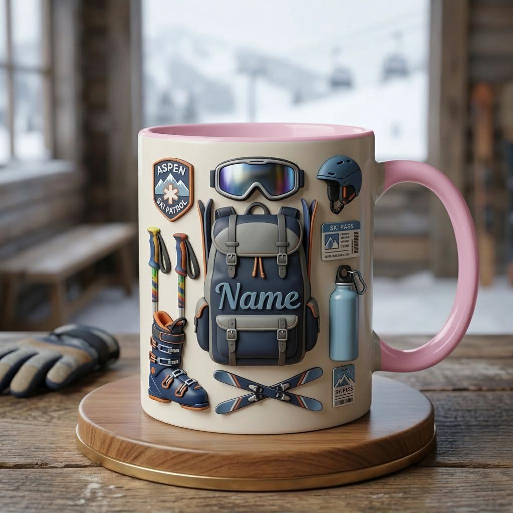 Custom Name Ski Mug 3D, Faux 3D Coffee Cup, Ski Lover Gift