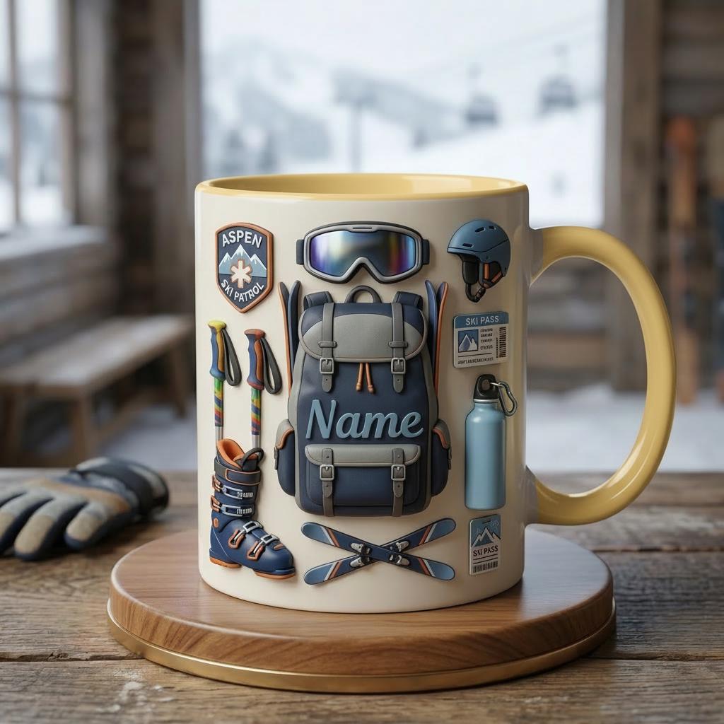 Custom Name Ski Mug 3D, Faux 3D Coffee Cup, Ski Lover Gift