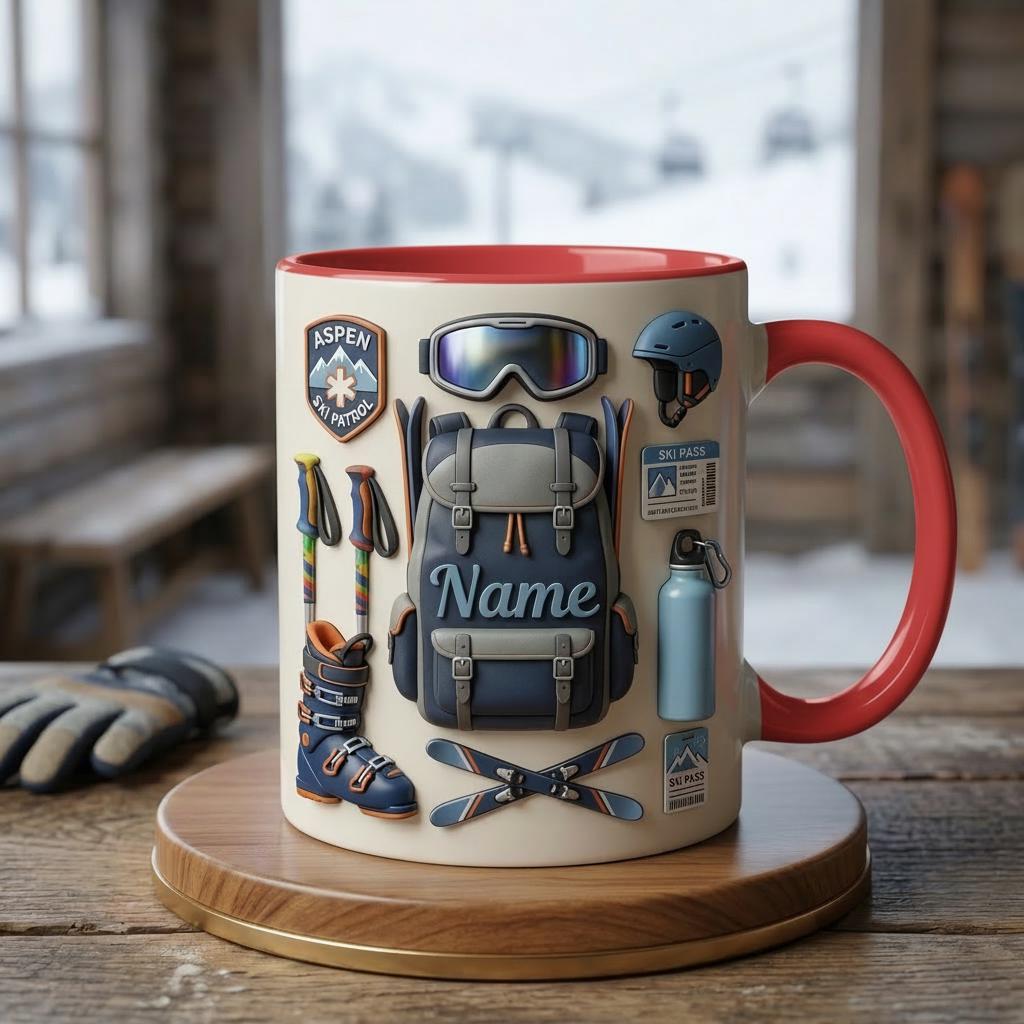 Custom Name Ski Mug 3D, Faux 3D Coffee Cup, Ski Lover Gift