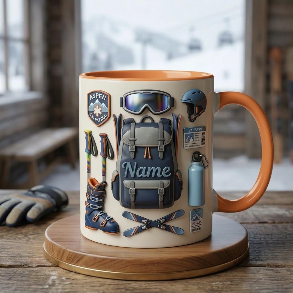 Custom Name Ski Mug 3D, Faux 3D Coffee Cup, Ski Lover Gift